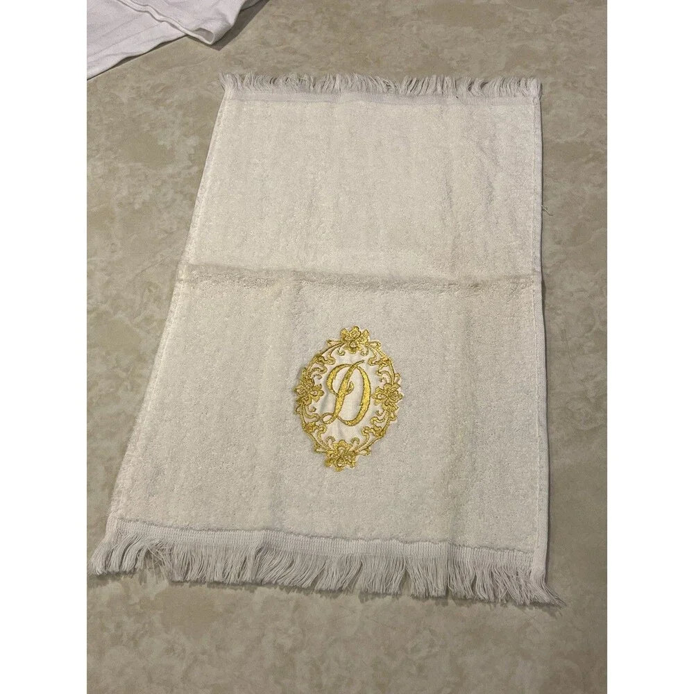 Vtg Cannon Monogrammed Hand Towel Off White Gold Glam Hollywood Regency USA